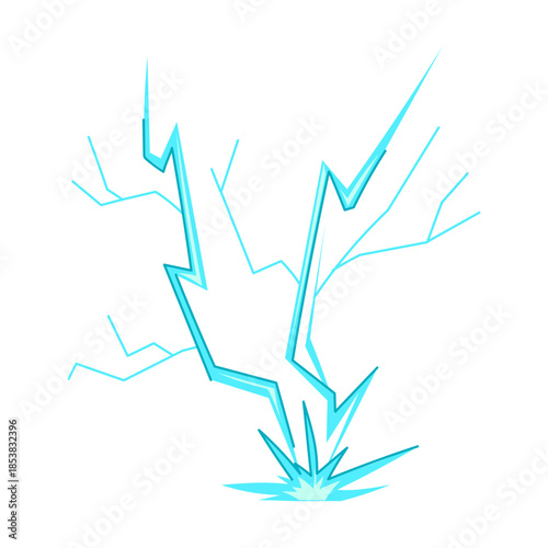 Bright blue lightning bolt forming a powerful electricity strike, demonstrating a concept of energy, power, natural phenomenon, danger, and meteorology on a white background
