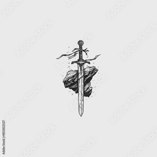 Vintage hand-drawn engraving of a legendary medieval sword thrust into a rugged rock with tattered ribbons fluttering from the hilt, depicted in a detailed monochrome style.