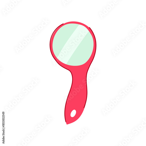 Handheld personal accessory featuring a red handle and a circular reflective surface, commonly used for grooming, makeup application, or examining details