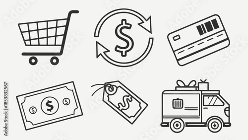 E-commerce icons set – cart, payment, delivery, refund, customer support, minimal flat SVG