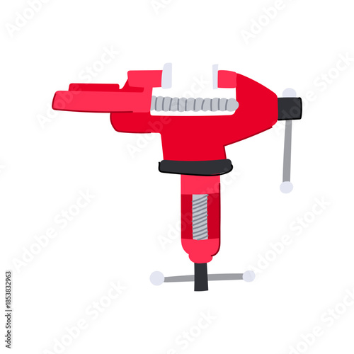 Red bench vice clamping a metal workpiece on white background, symbolizing workshop, repair and diy projects, strong steel grip for carpentry, machining and maintenance