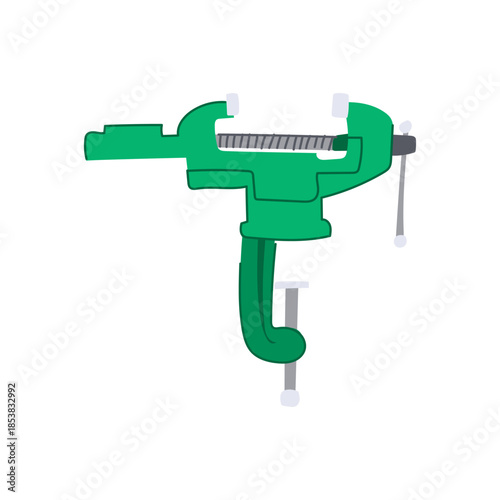 Green bench vice illustration showing the robust mechanism for holding and securing materials, an essential tool for workshops, craftsmen, and diy projects