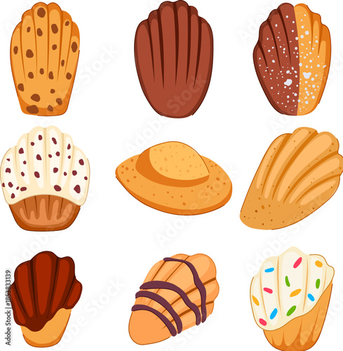 Hand drawn vector illustration showcasing a variety of classic french madeleine cakes and cookies, featuring different flavors like chocolate, vanilla, and sprinkles as delicious sweet treats