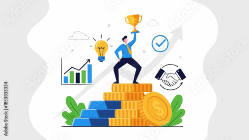 Man holding trophy on stack of coins symbolizing success and achievement.