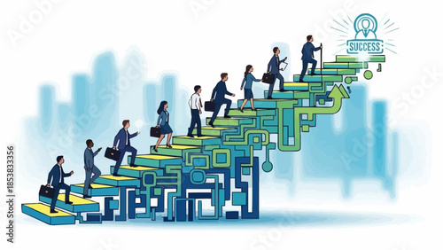 Business people climbing stairs symbolizing career growth and success.