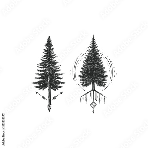 Vintage hand-drawn engraving of a tall, symmetrical pine forest tree featuring minimalist geometric tribal symbols and arrows at its base in a clean monochrome style.