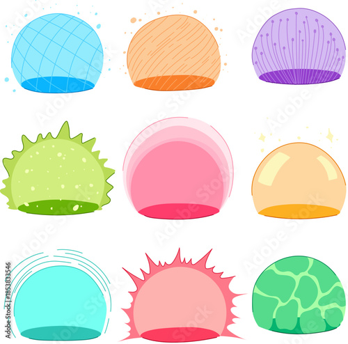 Various stylized domed shields depicting different types of elemental protection, power fields, and protective barriers for fantasy games or user interface elements
