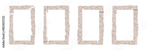 Ripped newspaper clippings collage frames with torn vintage paper edges. Border set for scrapbook, retro design templates. Old gazette news sheet set. Isolated vector illustration on transparent backg