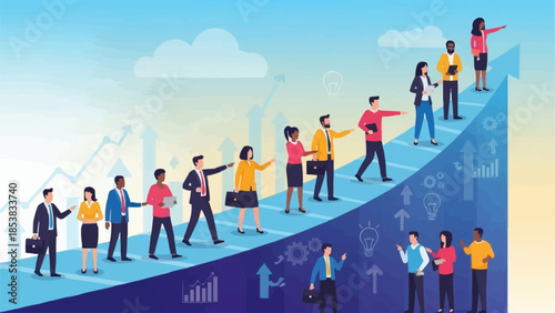 Diverse group of professionals climbing a graph representing success.