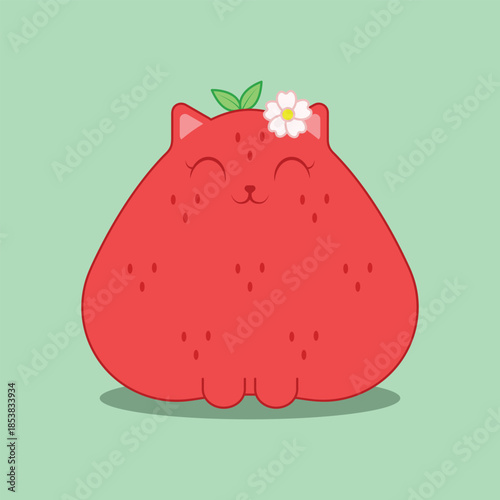 Cute Strawberry Cat Character Illustration in Kawaii Style on Pastel Background	