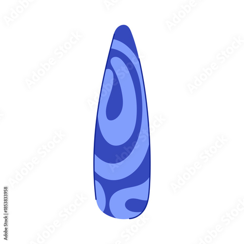 Styled almond shaped false nail creating a vibrant manicure art design, featuring an abstract blue and light blue swirling pattern, representing modern nail fashion and beauty trends