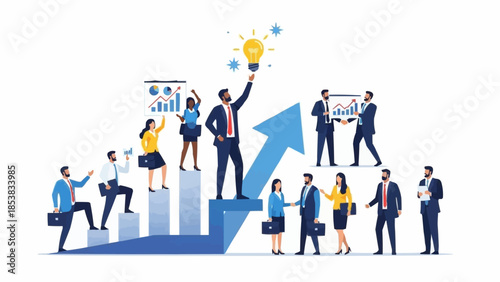 Business Team Celebrating Success and Growth with Upward Arrow and Lightbulb Idea.