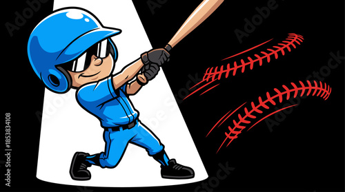 Cartoon baseball player in blue uniform swinging a wooden bat powerfully against a dark background