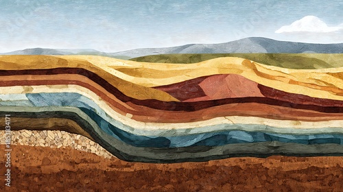 A detailed illustration of geological layers and earth strata with a hilly landscape above