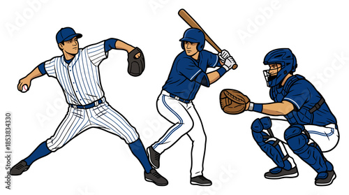 Baseball game action sequence featuring a pitcher batter and catcher in dynamic sports illustration style
