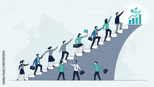 Diverse group of business professionals climbing stairs towards success and growth.