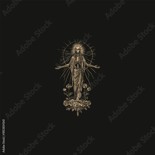 A dark gothic hand-drawn engraving of a skeleton figure in a hooded robe, styled after the Virgin Mary, standing with open arms surrounded by a radiant halo and blooming roses.