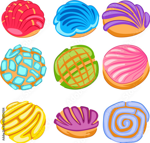 Nine colorful mexican conchas presenting various sweet patterns and different textures making them a popular dessert from traditional latin american bakery