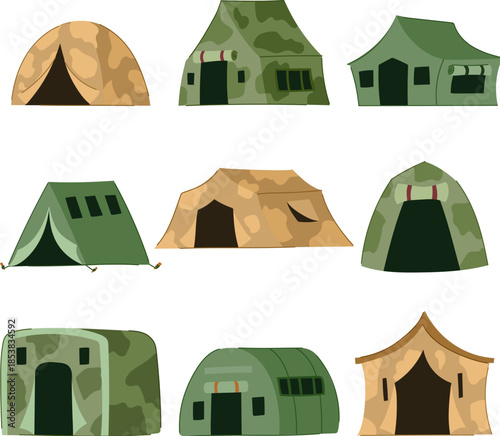 Various designs of outdoor shelters for army, emergency, survival, and adventure activities, depicting portable structures suitable for soldiers, travelers, and campers in different environments