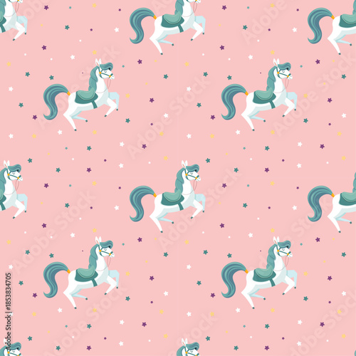 Seamless pattern with fairy tale horses and stars on pastel background