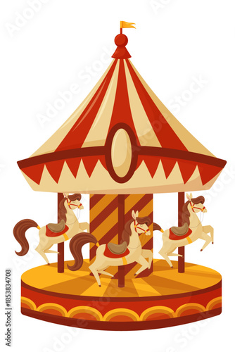 Colorful circus carousel with horses in flat cartoon illustration style