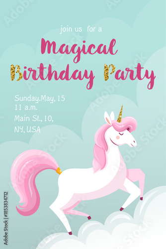 Magical unicorn birthday invitation with pastel colors and fantasy style