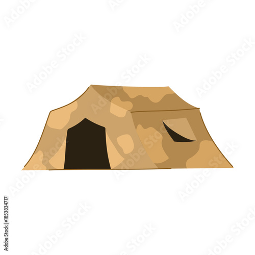 Military tent featuring a desert camouflage pattern, providing essential shelter and equipment for army personnel in a temporary camp or during field operations