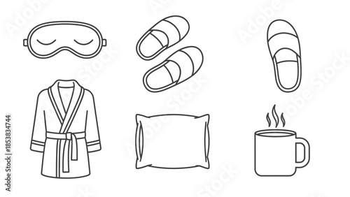 Essential black and white line icons representing sleep relaxation comfort and morning routine elements