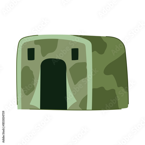Army tent in camouflage pattern offering temporary shelter and command post functionality for field operations, survival, training or emergency housing during military campaigns