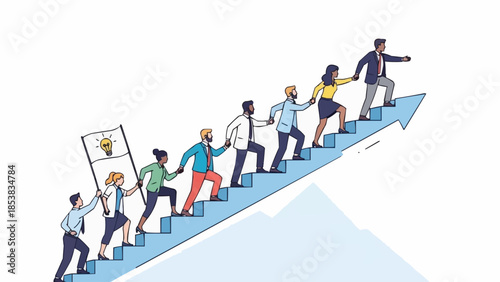 Diverse group of people climbing stairs together towards success.