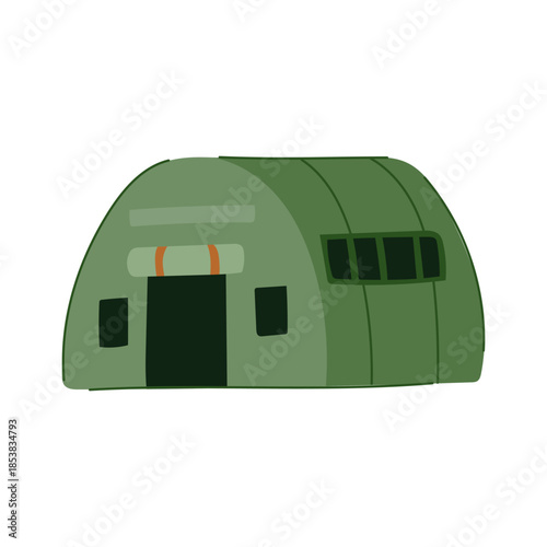 Green military tent, featuring a prominent entrance and windows, representing temporary shelter, emergency housing, and a base for operations in various field conditions