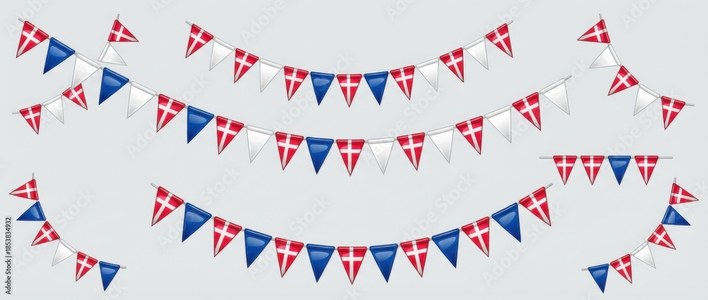 Obraz premium denmark triangular flag bunting garland graphic design set featuring patriotic pennant banners in national flag colors