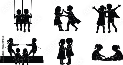 Kids Playing and Interacting Silhouette Vector Set, Children on Swing Dancing Jumping Playing Together, Friendship and Childhood Activities Black and White Illustration Collection.