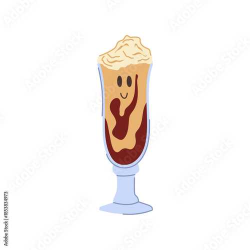 Kawaii milkshake character with whipped cream smiling a happy face, presenting a sweet and refreshing cold beverage in a tall glass, isolated on a clean white background