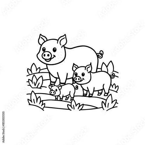 Cute cartoon mother pig with two piglets standing in a grassy field, black and white line art for coloring book.
