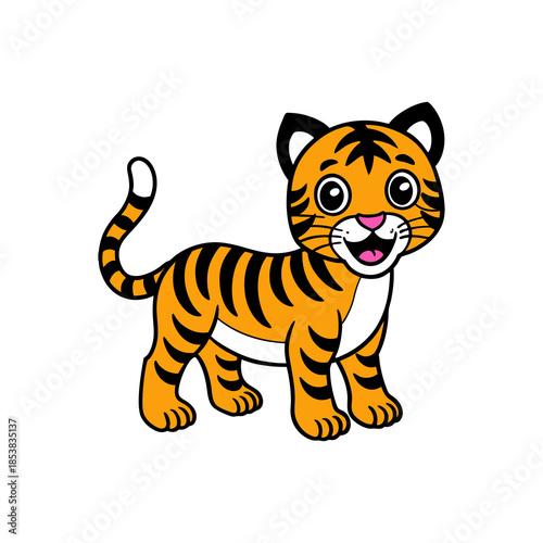 Cute cartoon baby tiger cub with orange fur and black stripes, smiling happily.