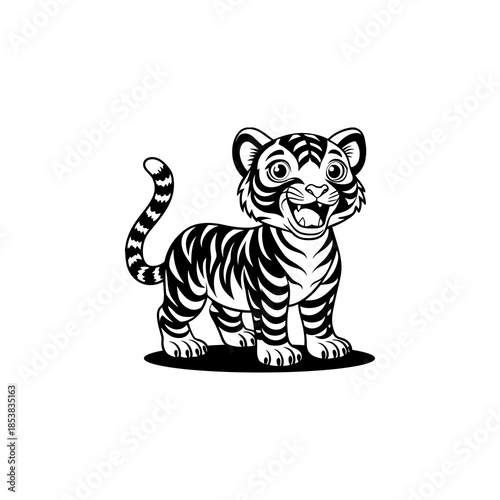 A cute black and white cartoon baby tiger cub standing and smiling, an adorable graphic illustration.