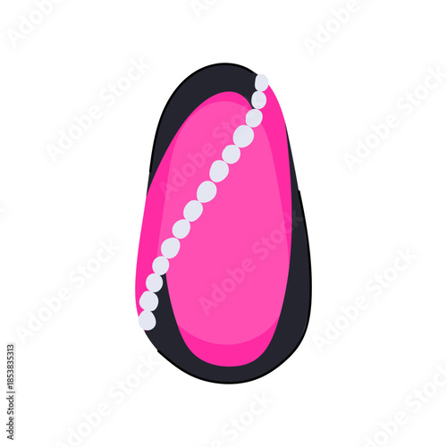 Stylish nail art design showcasing a black outline framing a vibrant pink base, elegantly adorned with a diagonal line of white pearls, representing beauty, fashion, and personal grooming