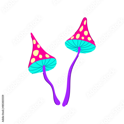 Two vibrant, colorful mushrooms featuring a retro, psychedelic design with glowing colors, creating a fun and whimsical illustration ready for various creative projects