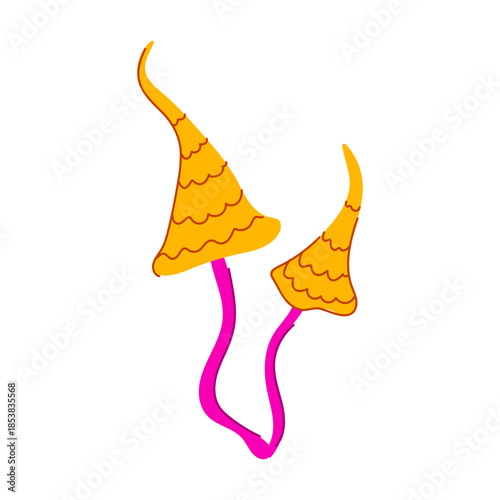 Stylized illustration presenting two colorful wavy mushrooms with bright yellow caps and vibrant pink stems, creating a playful and fantastical visual