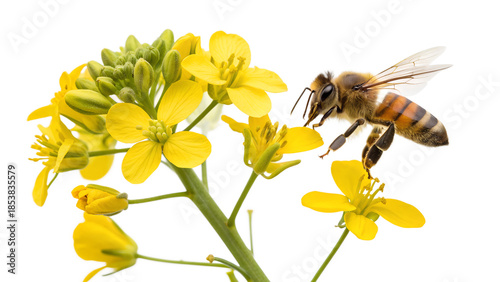 A honey bee on mustered flower isolated on transparent background