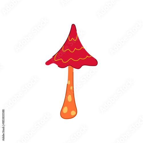 Stylized colorful mushroom with a red pointy cap and yellow wavy lines on an orange spotted stem, creating a vibrant, whimsical, and imaginative illustration