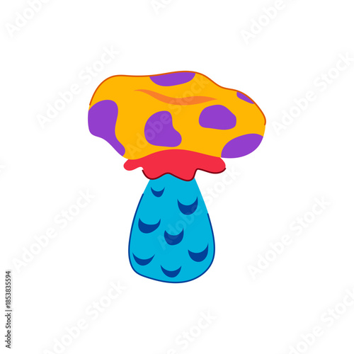 Psychedelic groovy mushroom illustration with yellow cap and purple spots, red frill and blue stem, vibrant, whimsical, retro 60s70s vector perfect for playful design projects