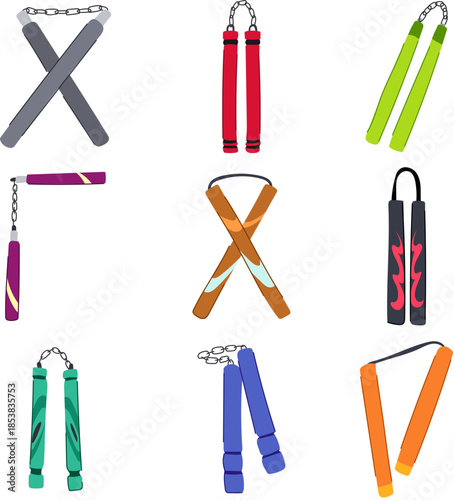 Nine diverse nunchaku designs in assorted colors and connector styles, flat vector illustrations showing traditional and modern martial arts training weapons on white background