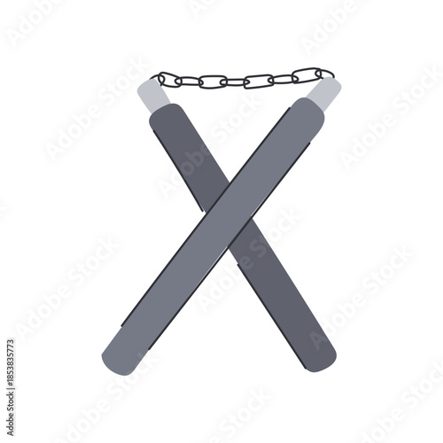 Nunchaku illustration portraying the classic two section staff weapon, connecting to concepts of sport, kung fu, fitness, self defense, and traditional combat training