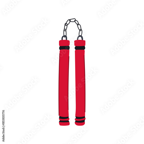 Red nunchaku illustrating a traditional asian martial arts weapon, used for combat training, self defense practice, and depicting cultural heritage in grappling