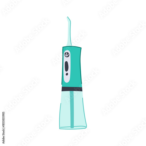 Portable oral irrigator in flat minimalist style, water flosser for daily dental hygiene and gum care, modern electric personal oral care device on white background, simple illustration