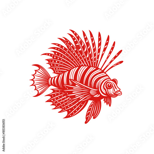 Stylized red lionfish with striped body and elaborate venomous fins swimming, depicted in a graphic illustration on a white background.