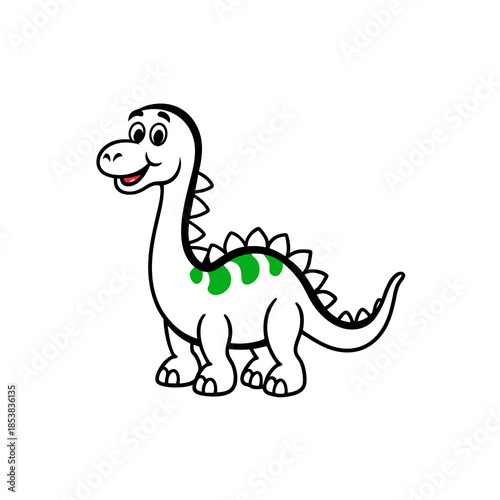 Cute cartoon white dinosaur with green spots smiling, standing on a white background.