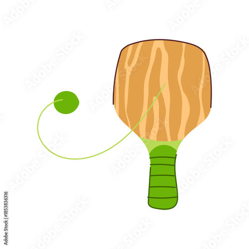 Wooden paddle ball toy with a green handle and matching ball attached by a string, representing childhood games, recreation, skill development, and playful entertainment